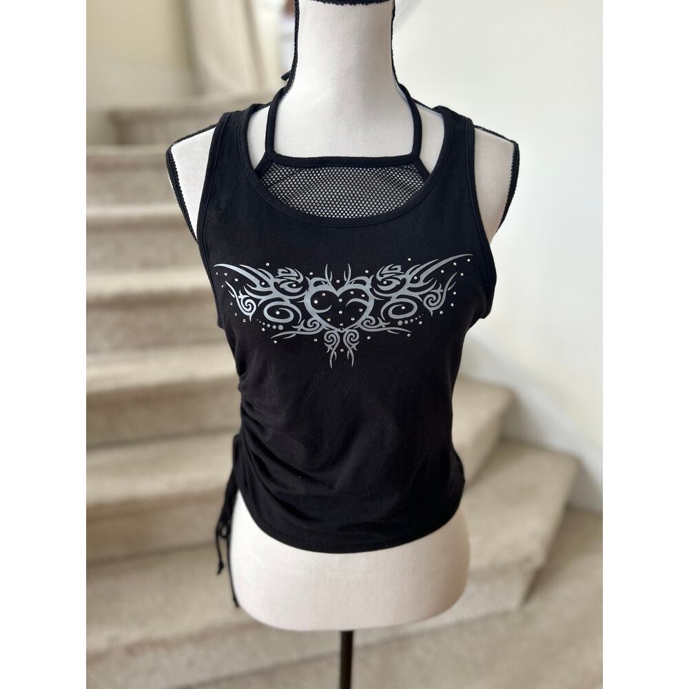 Hot Topic Black Ruched Mesh Halter Rhinestone Heart Moto Graphic Tank Top